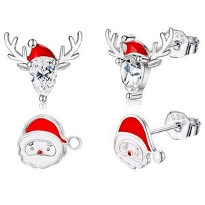 🆕SET OF SILVER WINTER/HOLIDAY STUDS! 1 SANTA STUD & 1 REINDEER W/SANTA HAT!